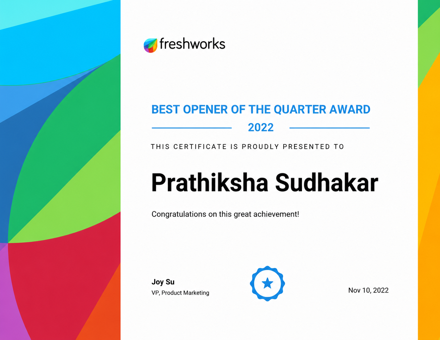 Best Opener of the Quarter certificate