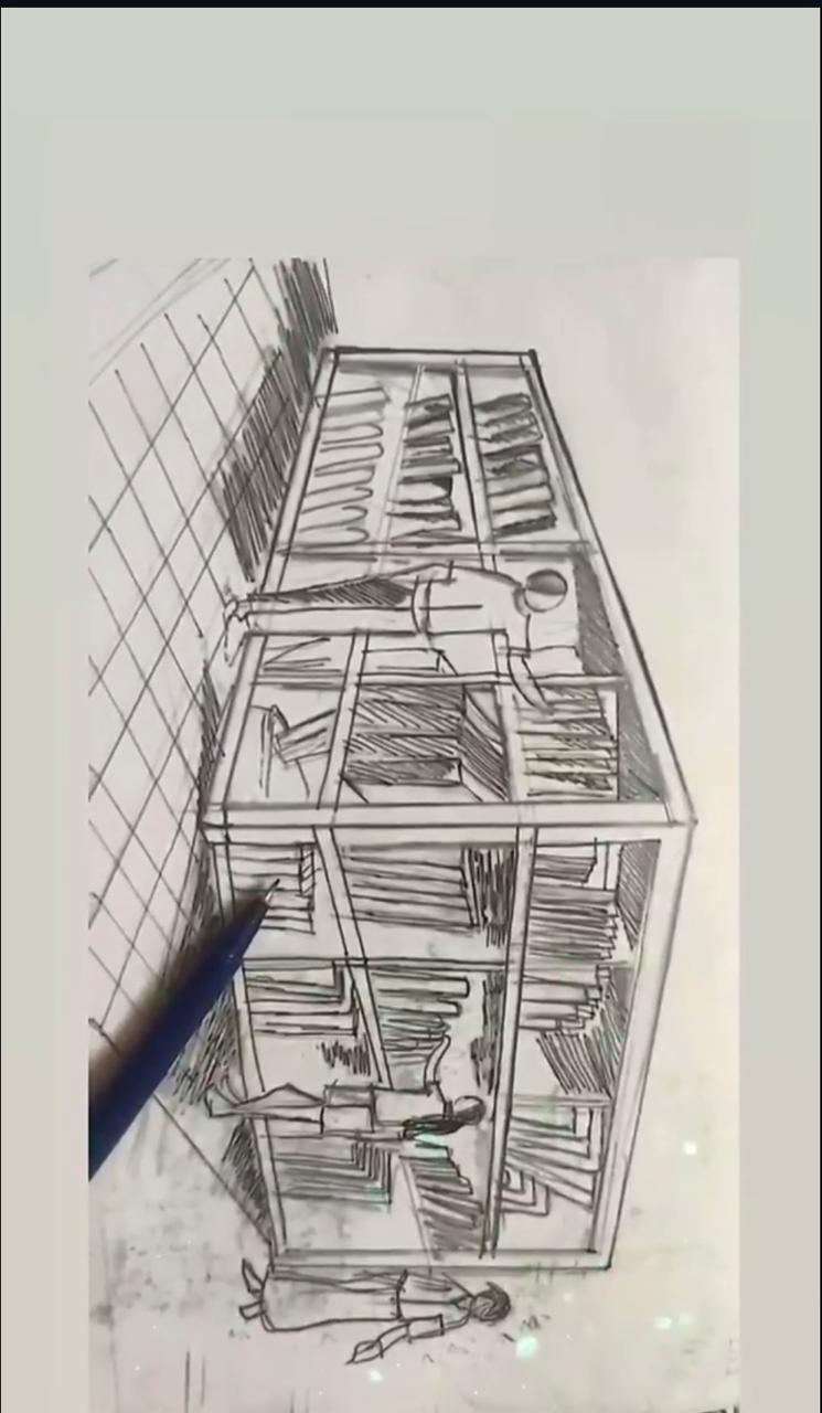 Pencil sketch of a library scene